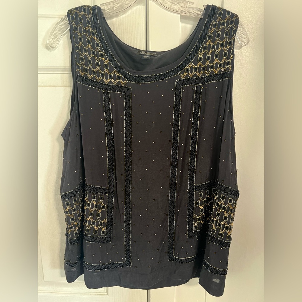 Lucky Brand Black Sleeveless Beaded Camisole with Gold Embroidery